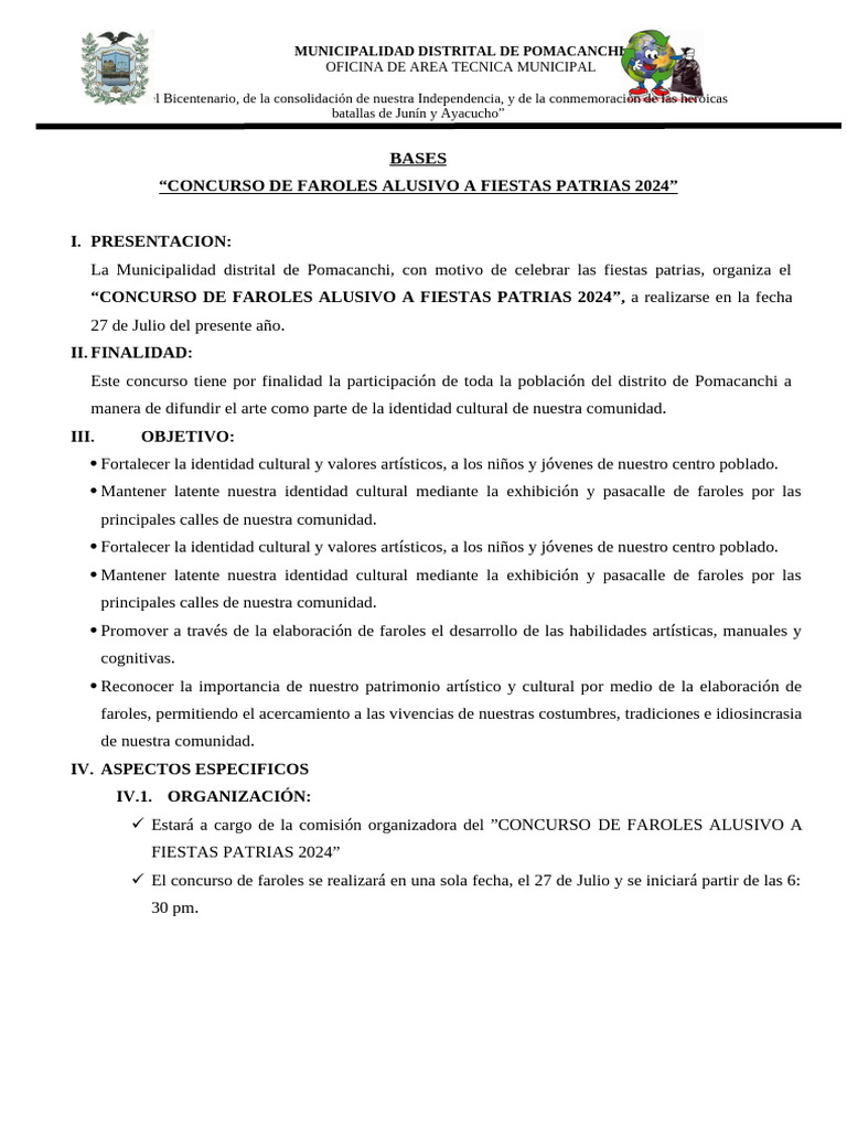 Bases para El Concurso de Faroles - Pomacanchi | PDF