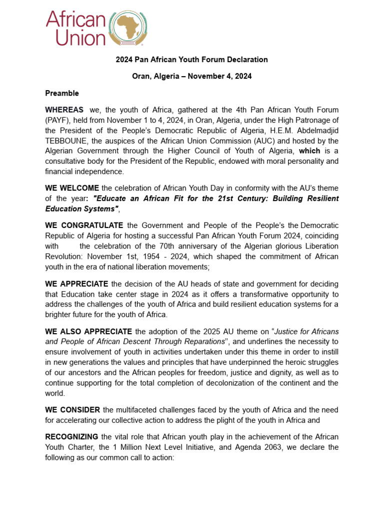 2024 Pan African Youth Forum Outcomes | PDF | Pan Africanism | Economies