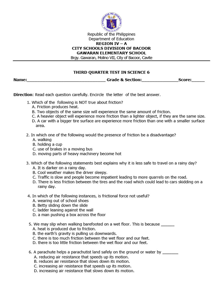 Science 6 Third Quarter Test Review | PDF | Friction | Gravity
