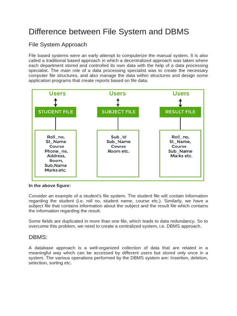 Difference Between File System and DBMS | PDF | Databases | Computer File