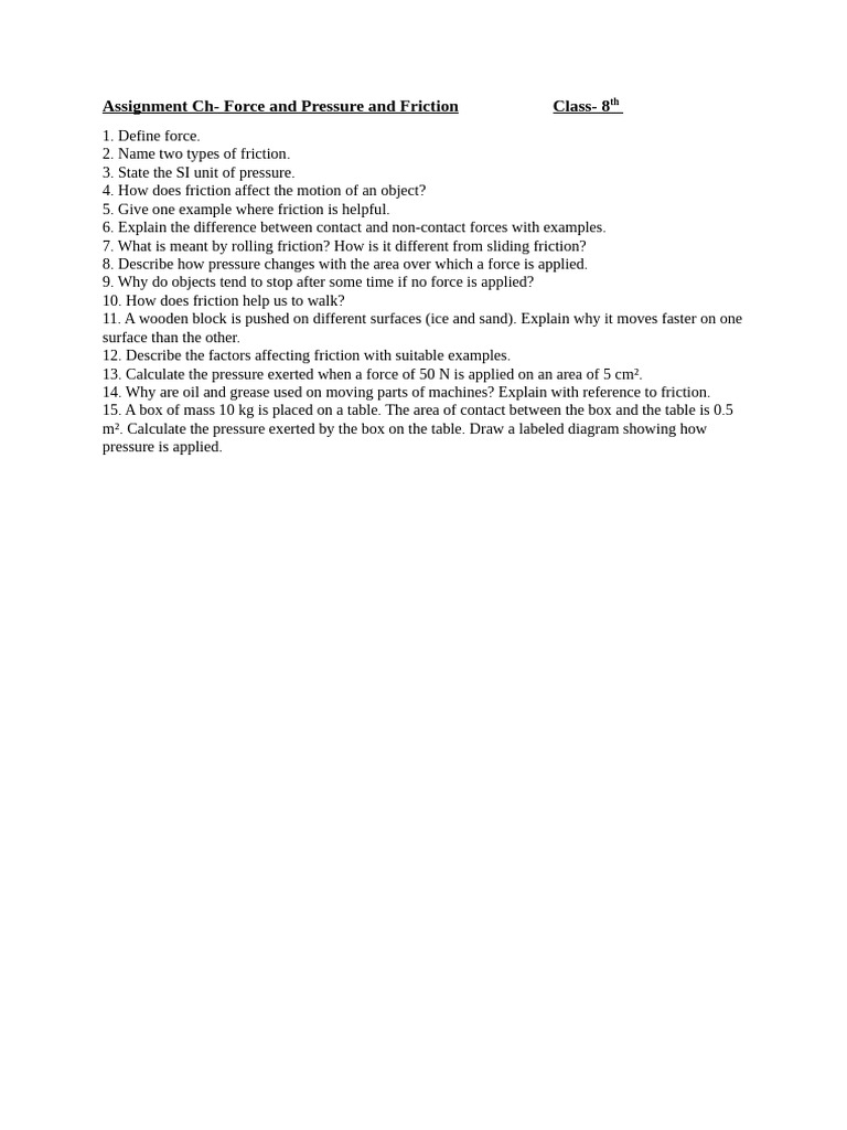 Assignment CH Force and Pressure and Friction Class 8 | PDF | Teaching ...