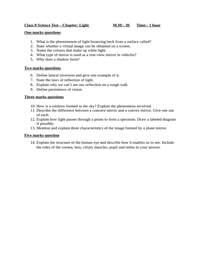 Class 8 Science Test CH - Light | PDF | Science & Mathematics ...