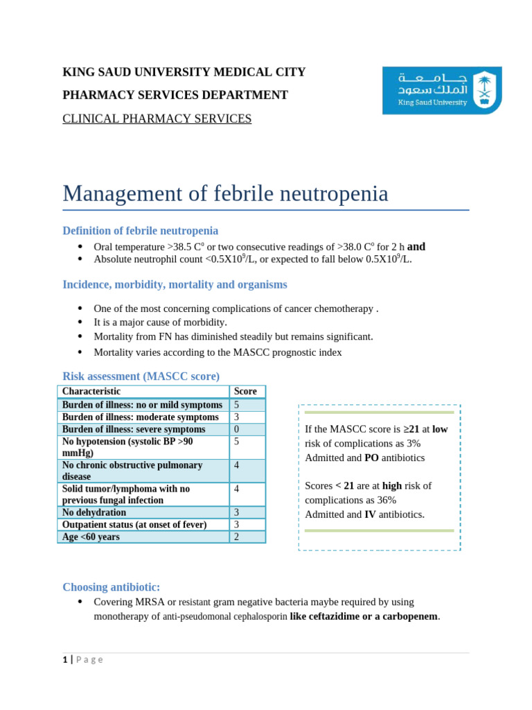 Febrile Neutropenia Management Guidelines | PDF | Chemotherapy ...