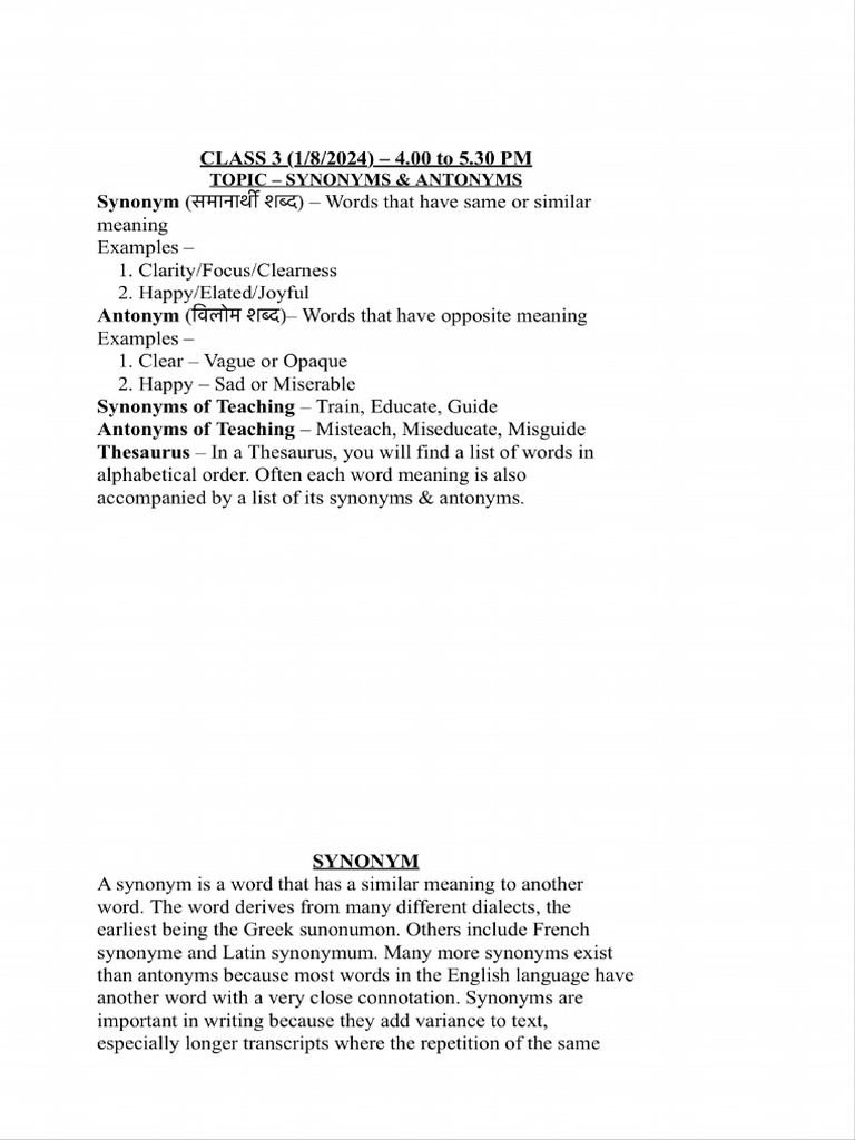 Antonyms and Synonyms | PDF