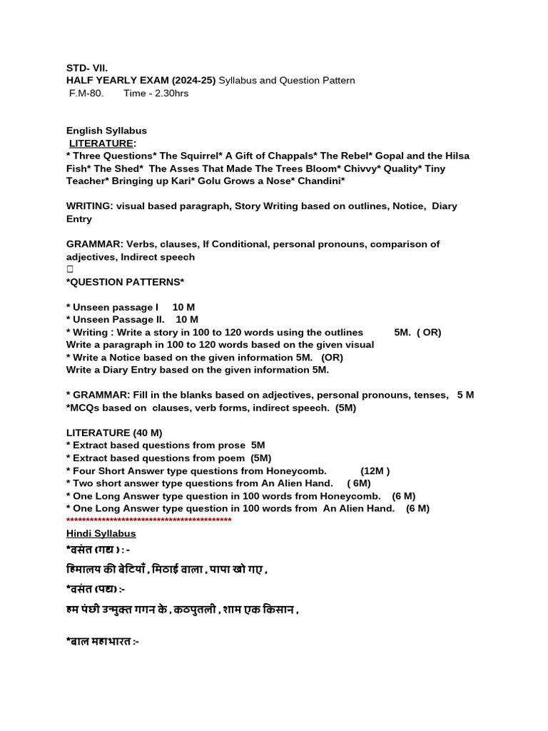Std vii half yearly exam 2024 25 syllabus and question pattern pdf
