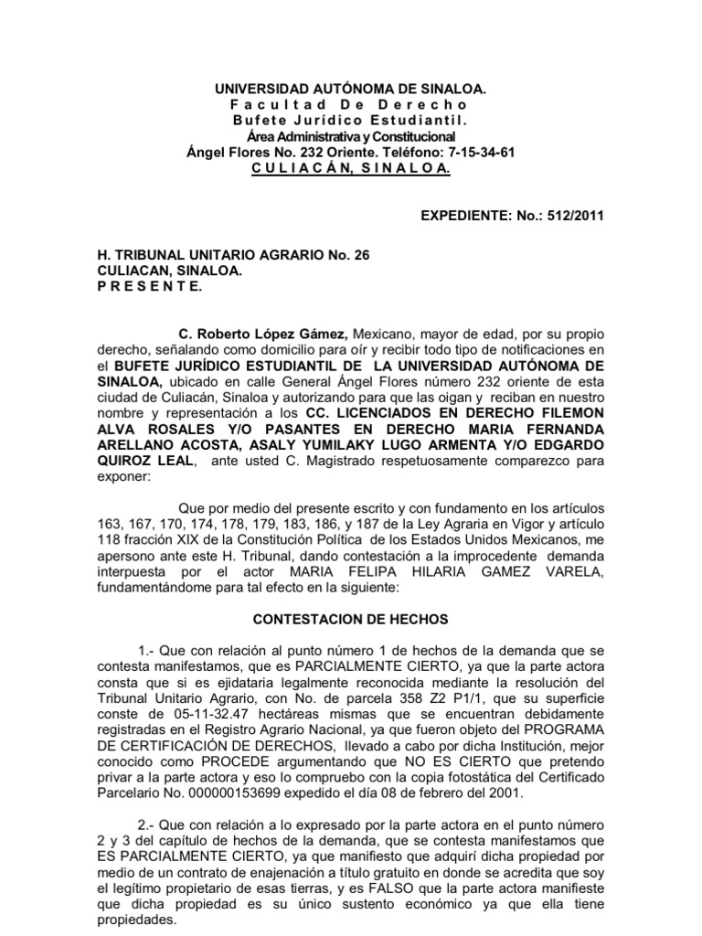 CONTESTACION AGRARIA Demanda judicial Propiedad