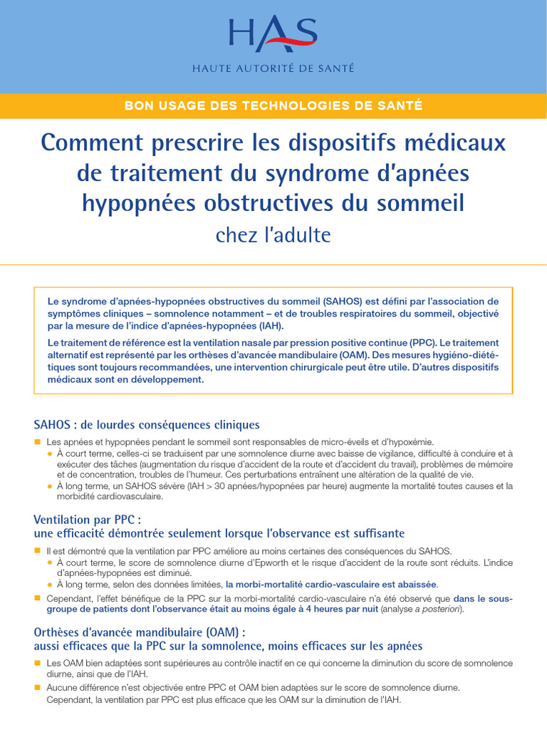 Traitement du SAHOS : PPC et OAM | PDF | Syndrome d'apnées du sommeil ...
