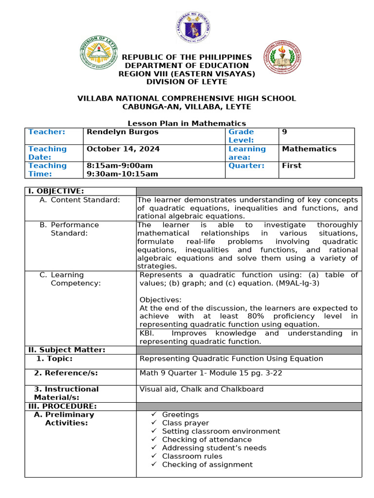 Grade 9 Quadratic Functions Lesson | PDF | Function (Mathematics ...