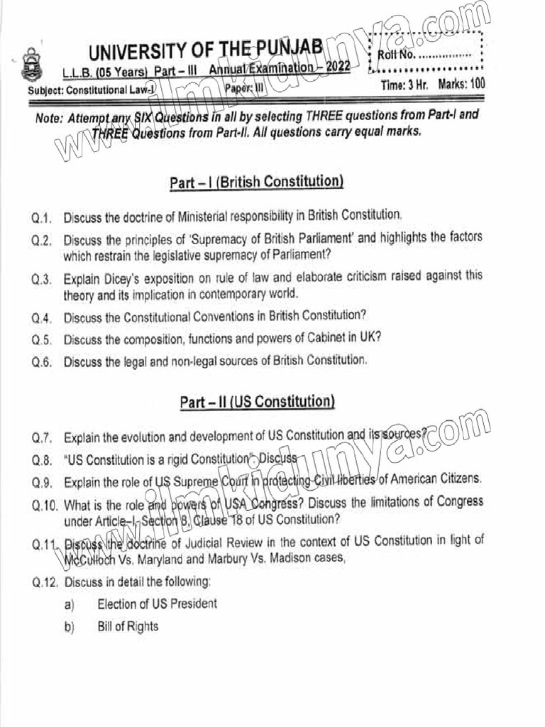 Past Paper LLB Part 3 Punjab University Constitutional Law Paper III ...