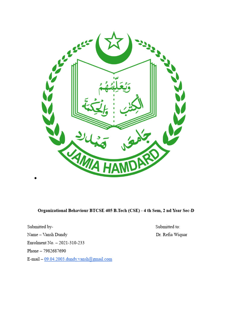 Assignment organizational behaviour vansh dundy 2021 310 233 pdf