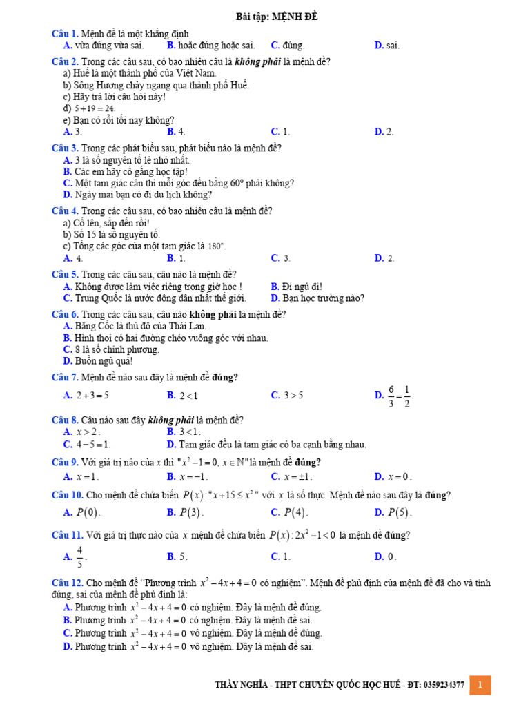Bai Tap Chuong 1 Menh de Tap Hop Full | PDF