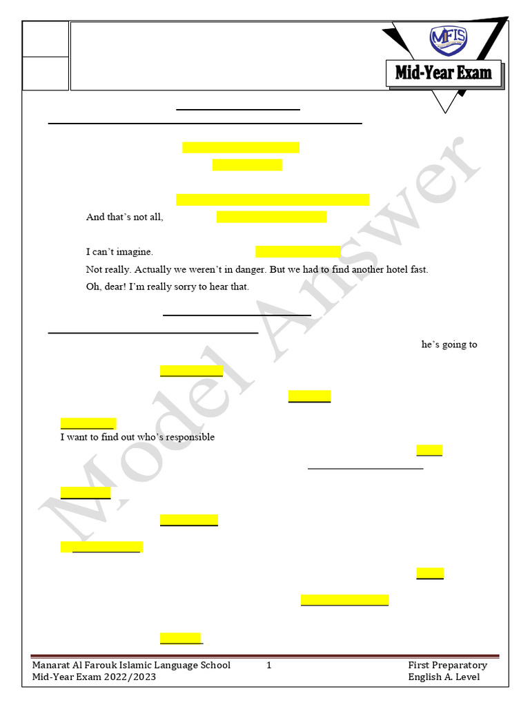 1st Prep. Model Aswer Mid-Year Exam (A. L) 2022-2024 NEW | PDF ...