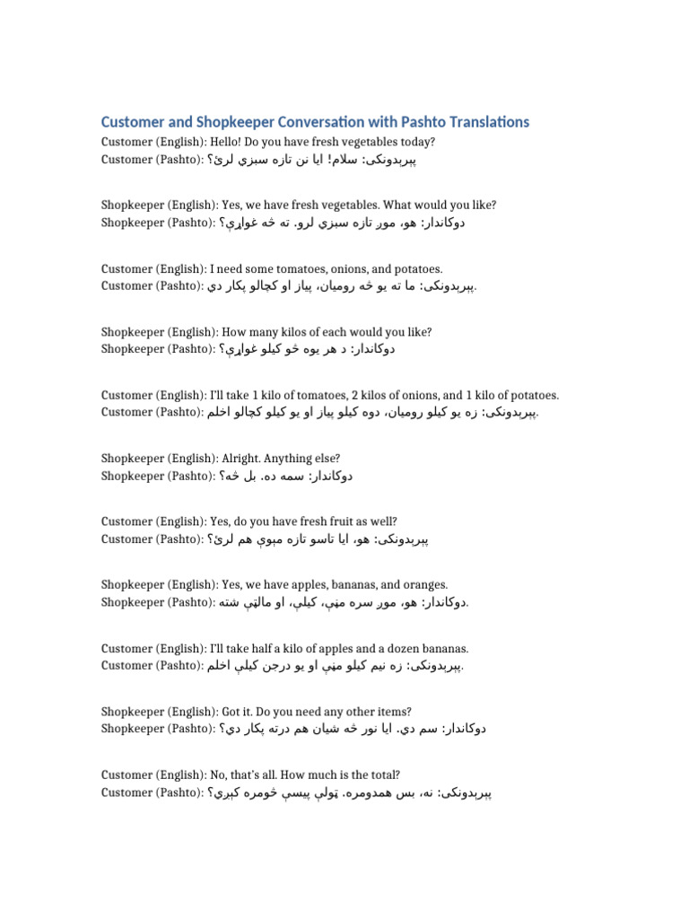Customer and Shopkeeper Conversation Pashto | PDF