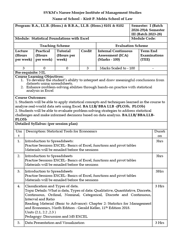 Sem I Statistical Foundations With Excel 2024 25 Pdf
