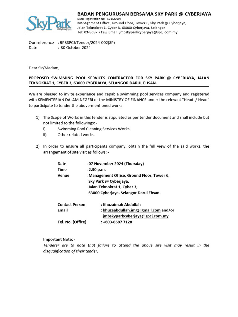 Swimming Pool Services Tender @ Sky Park | PDF | Technology & Engineering