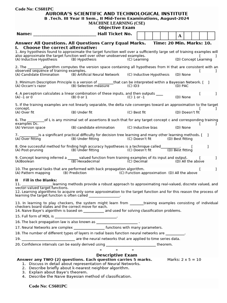 III-II CSE - ML MID 2 - OBJ - Set-1 | PDF | Machine Learning ...