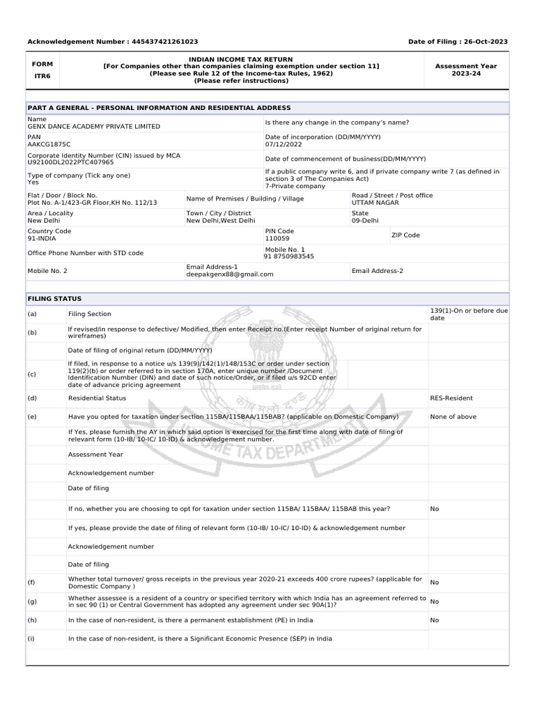 ITR6 Filing for GenX Dance Academy | PDF | Payments | Securities (Finance)