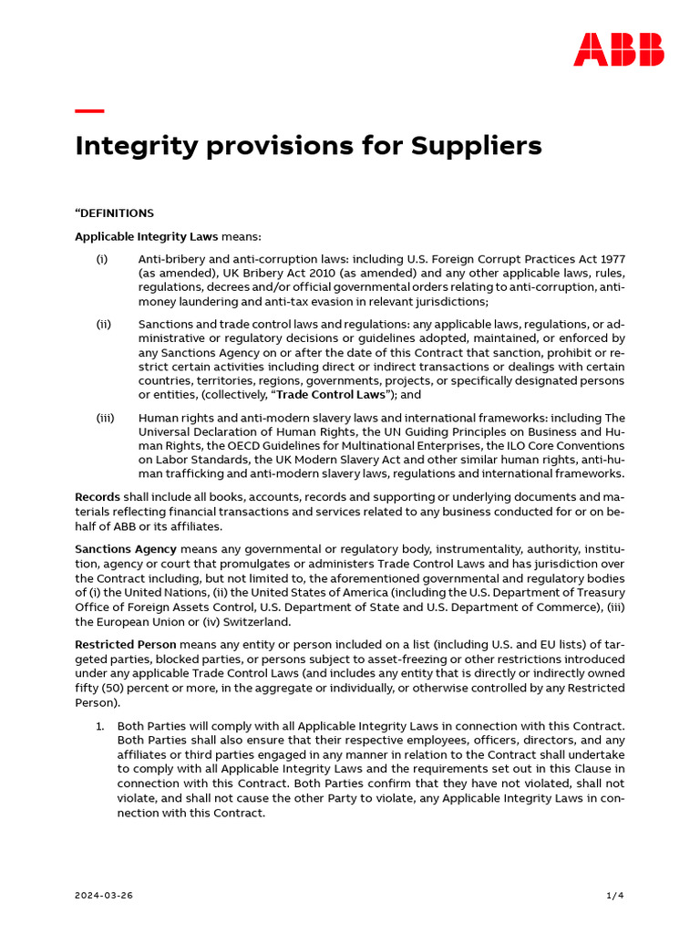 Integrity Provisions For Suppliers | PDF | Breach Of Contract | Business
