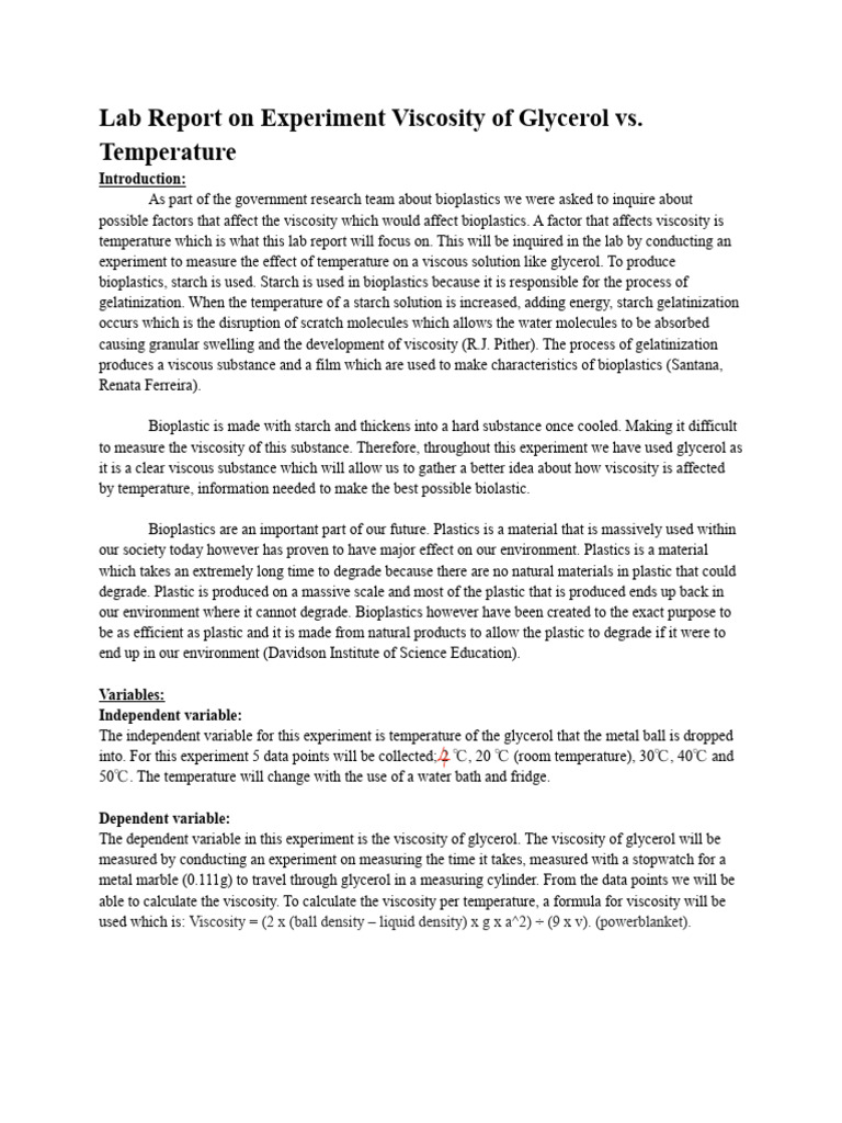 Example Good Lab Report MYP5 | PDF | Viscosity