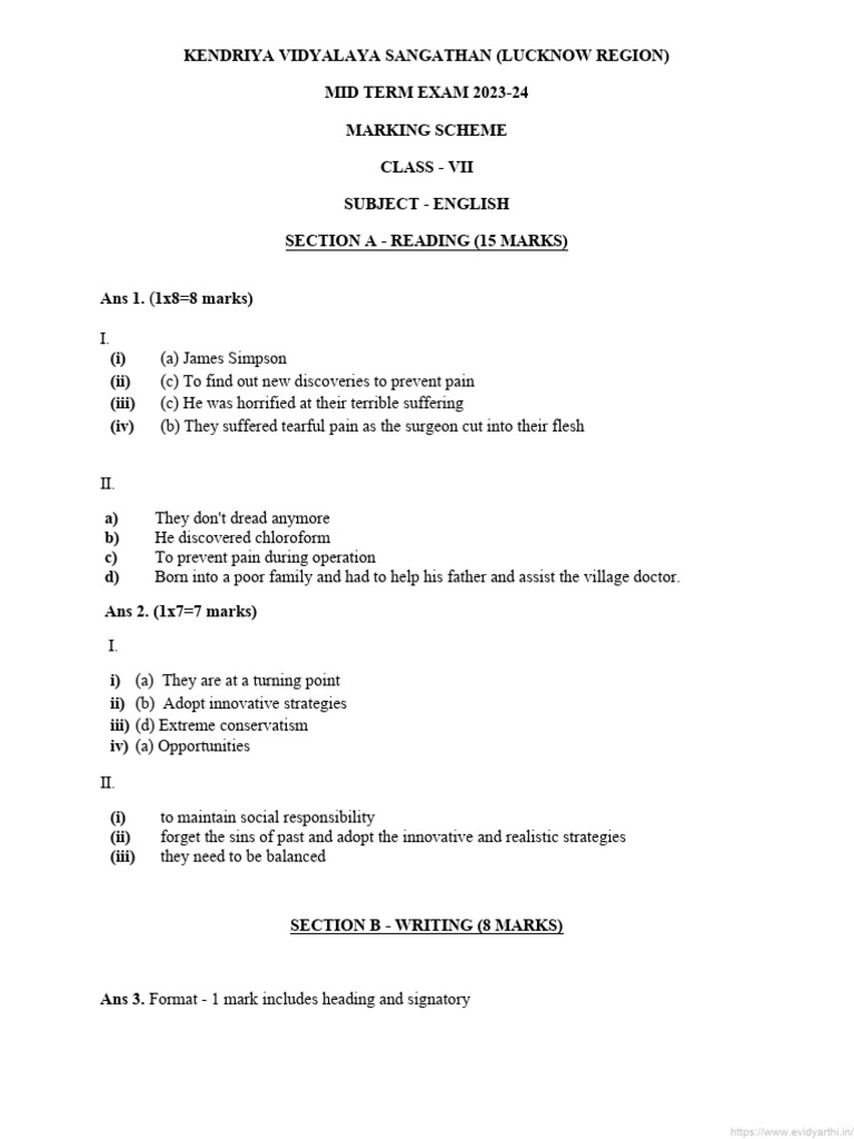 Cbse Class 7 English Term I Marking Scheme 2023 24 | PDF