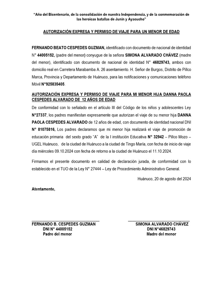 Permiso de Viaje para Menor de Edad | PDF