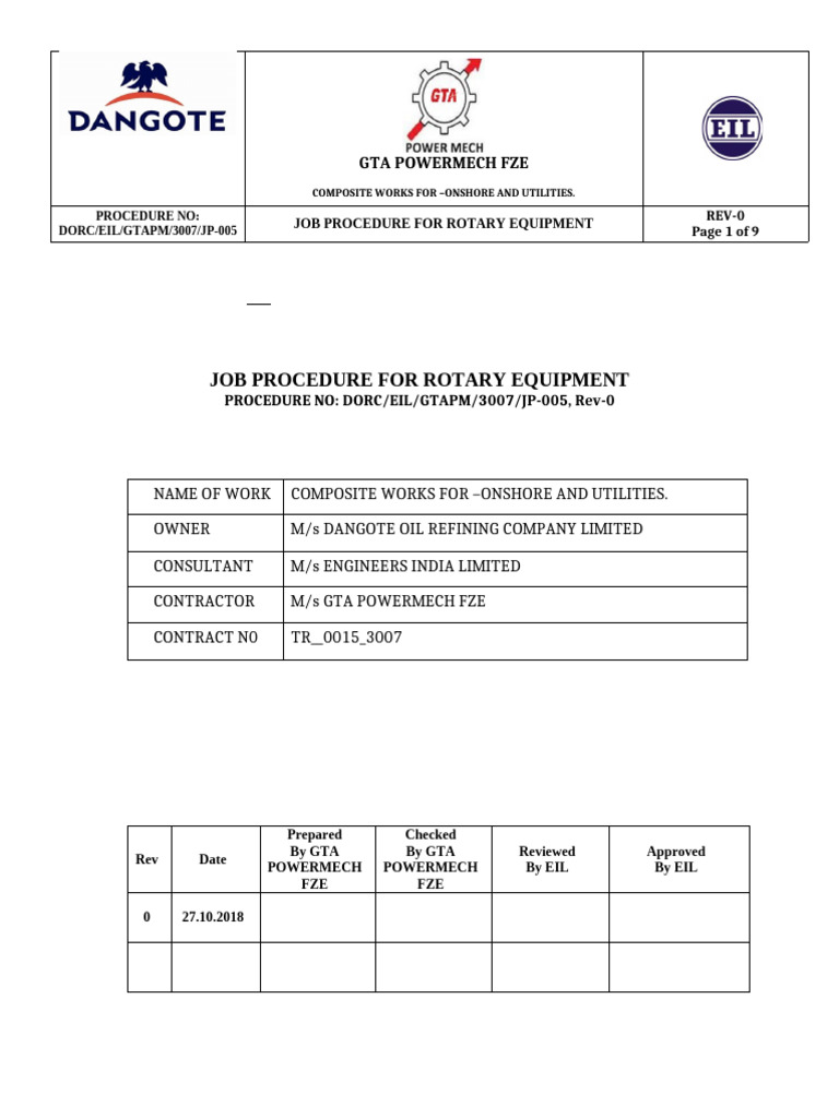 Rotary Equipment Job Procedure Guide | PDF | Specification (Technical ...
