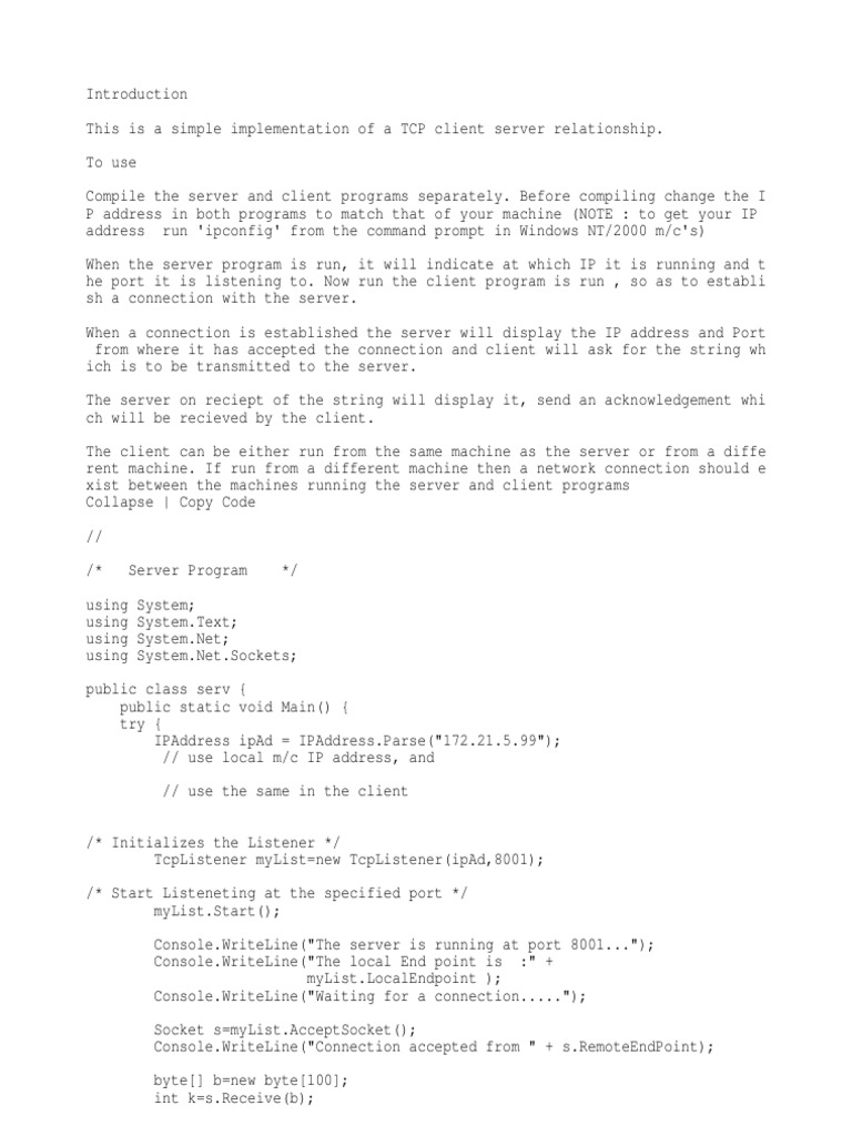 C# TCP Client-Server Implementation | PDF | Port (Computer Networking ...