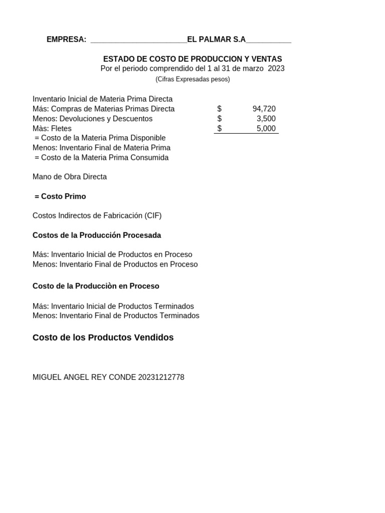 Ejercicio - Estado de Costos de Producción | PDF | Estado de resultados ...