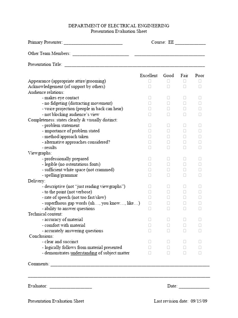 Presentation Evaluation Criteria Sheet | PDF | Human Communication ...