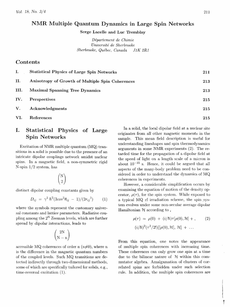 NMR Quantum Dynamics in Spin Networks | PDF | Nuclear Magnetic ...