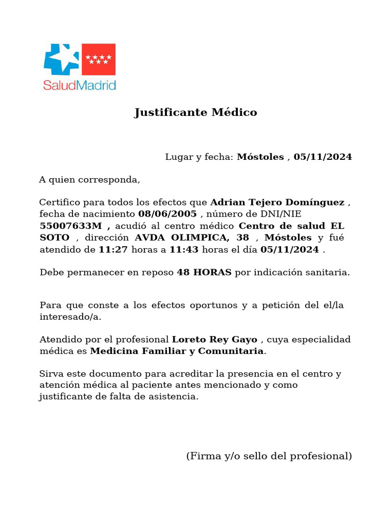 Justificante Médico de Reposo 48 Horas | PDF
