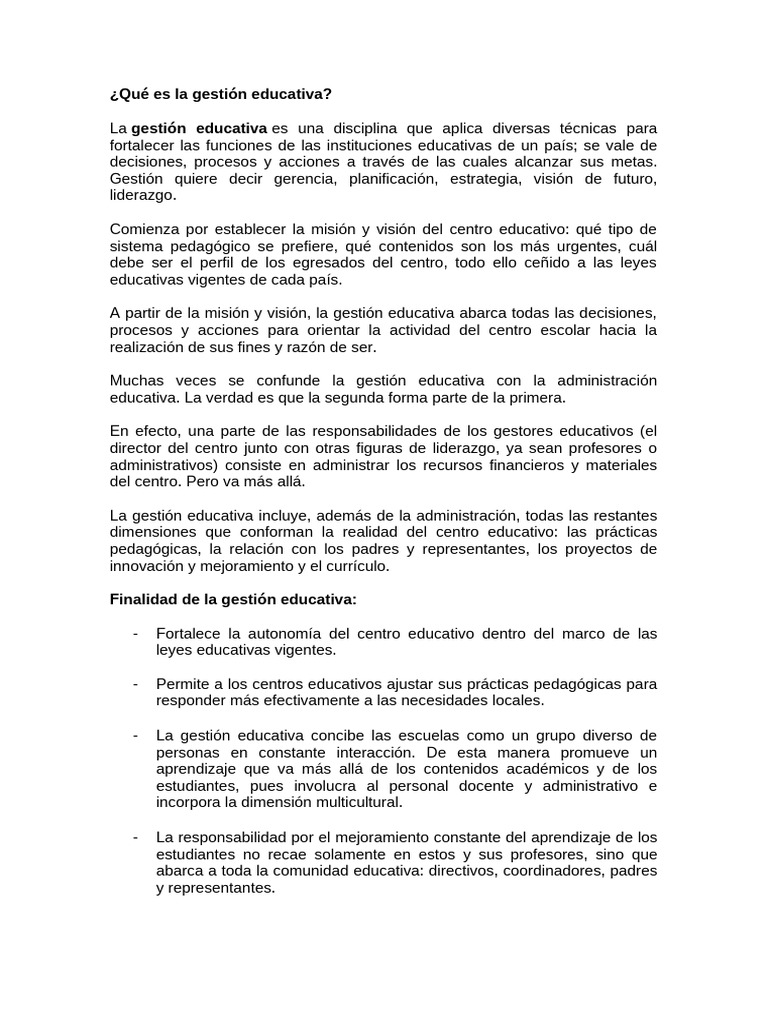Definición de Gestión Educativa | PDF | Escuelas | Plan de estudios