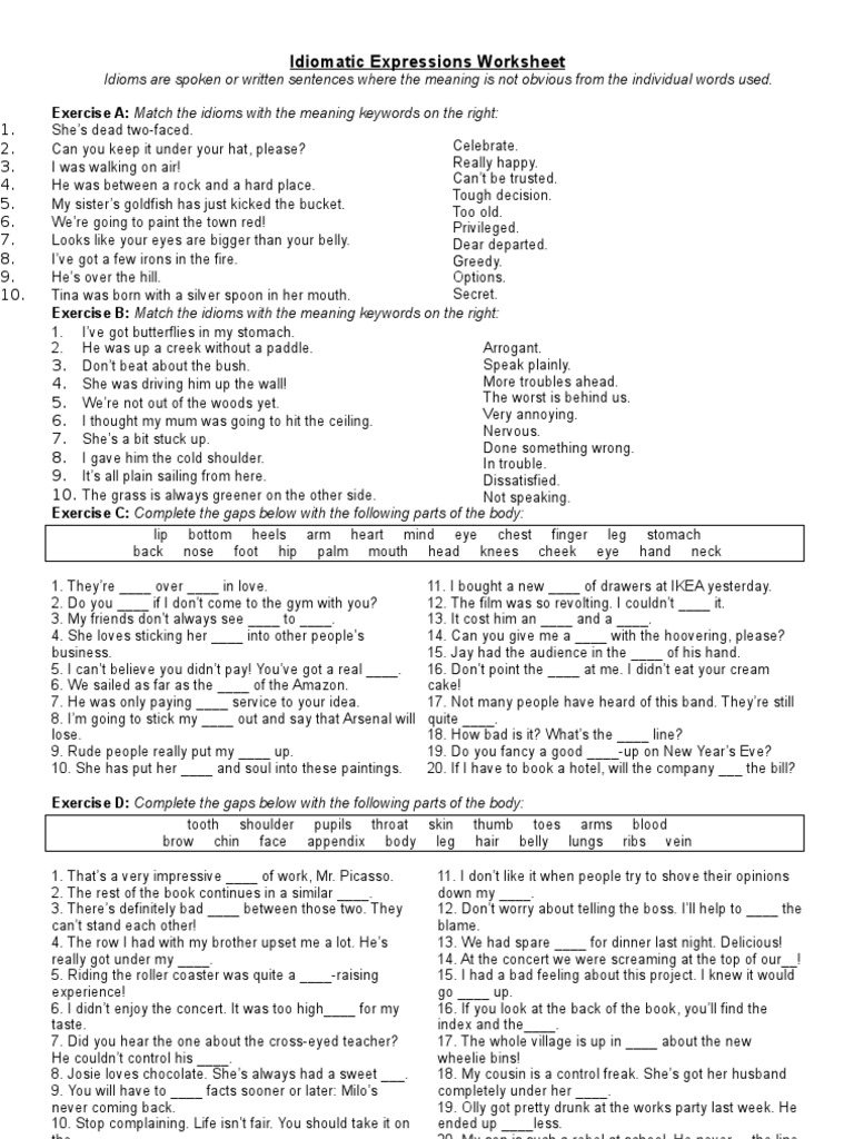 Worksheet CAE Idiomatic Expressions Idiom Leisure
