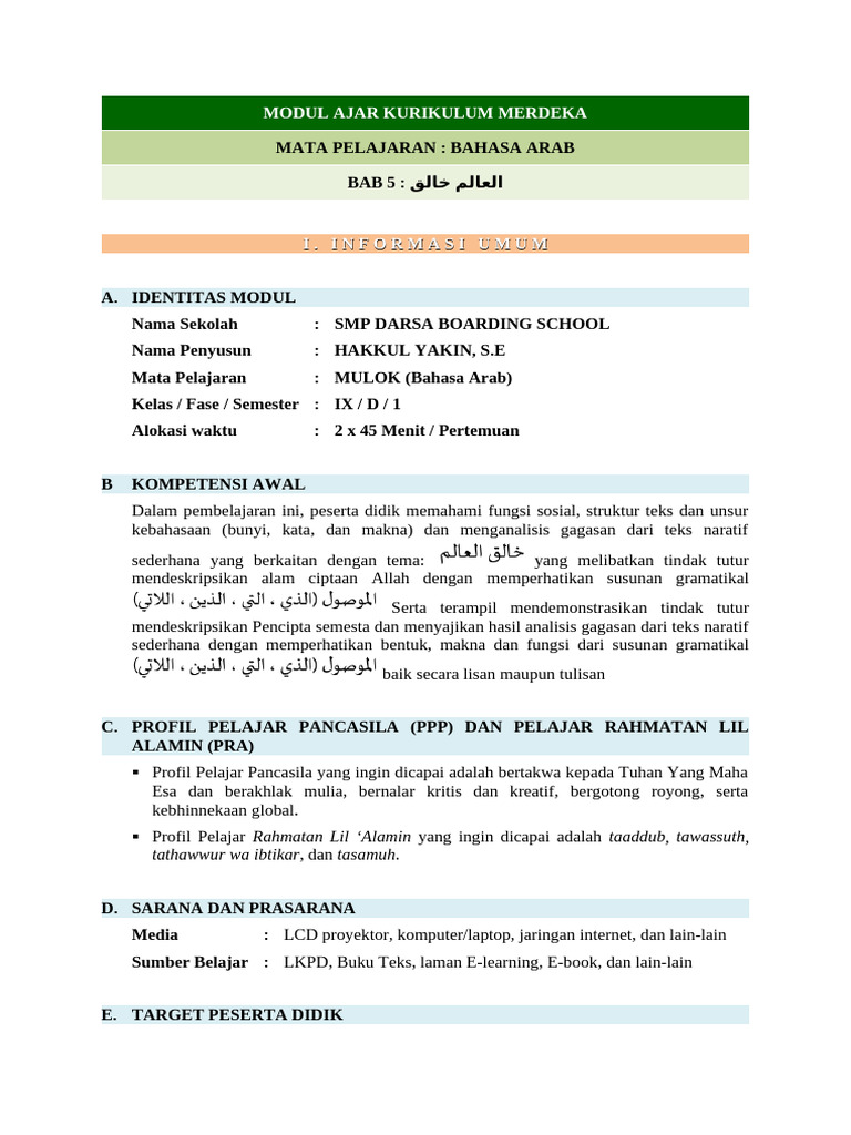 Modul Ajar Bahasa Arab Kelas 9 | PDF | Seni & Disiplin Bahasa | Kajian ...