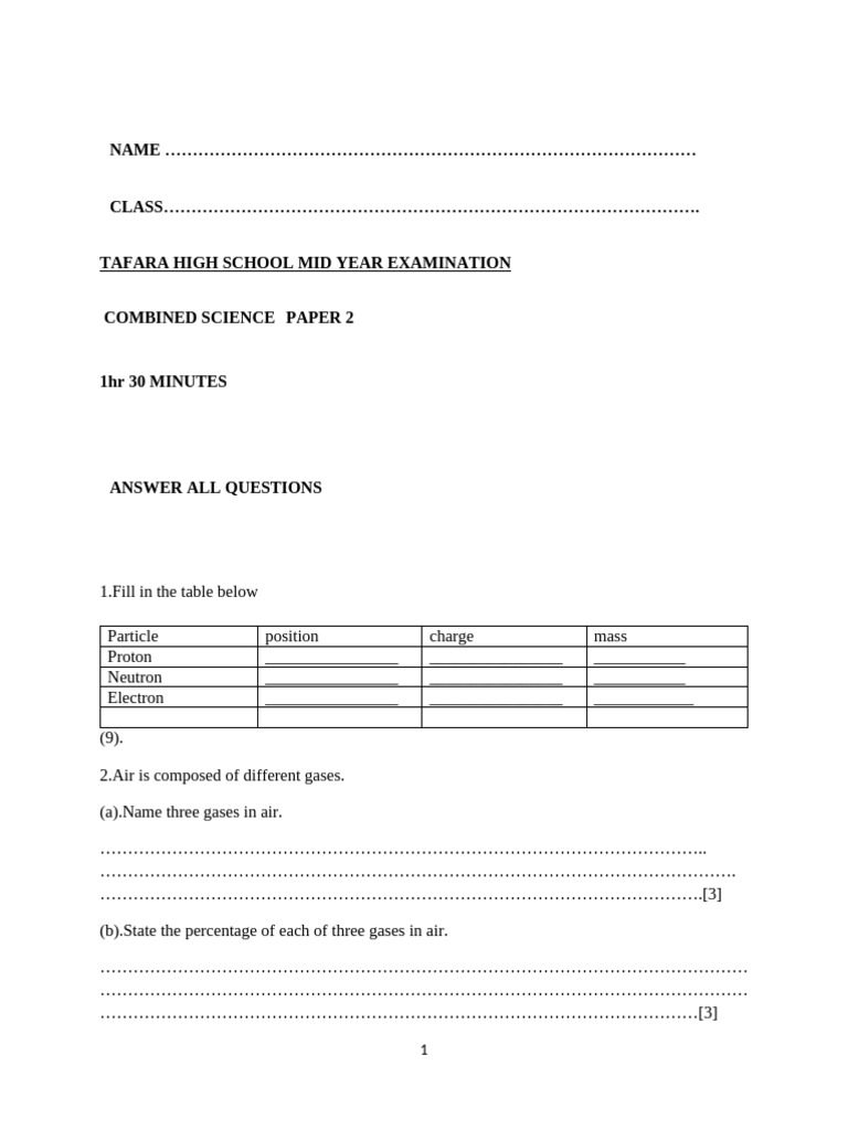 Combined Science Mid-Year Exam Paper | PDF | Breathing | Chemistry