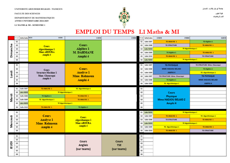 Emploi du Temps L1 Maths 2024-2025 | PDF | Mathématiques