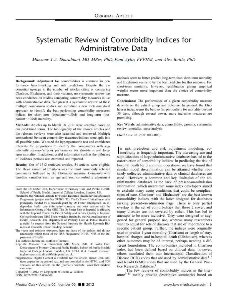 Systematic Review of Comorbidity Indices | PDF | Comorbidity | Coronary ...