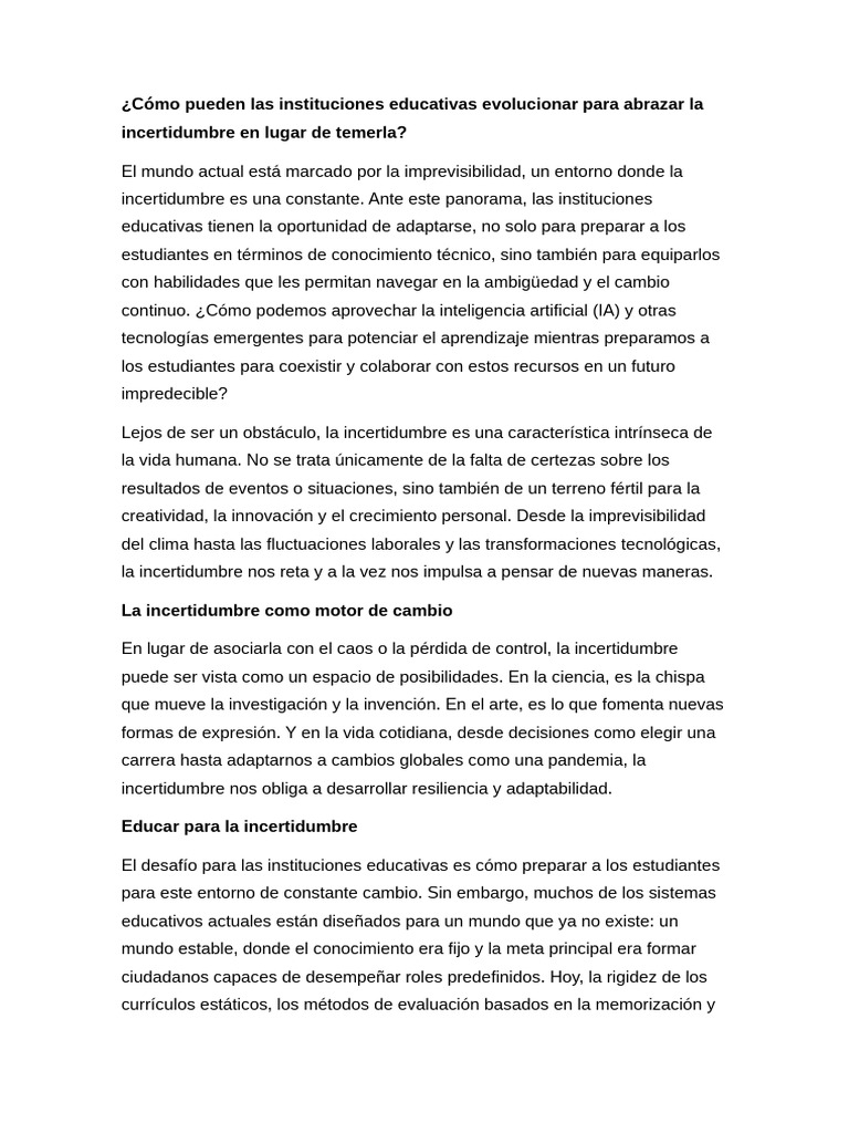 Educar para la Incertidumbre en el Futuro | PDF | Aprendizaje | Plan de ...