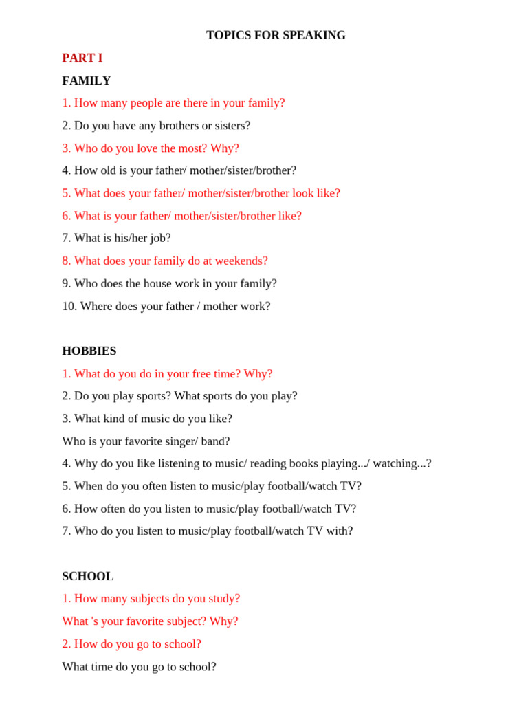 Speaking Topics: Family, Hobbies, School | PDF | Meal | Foods