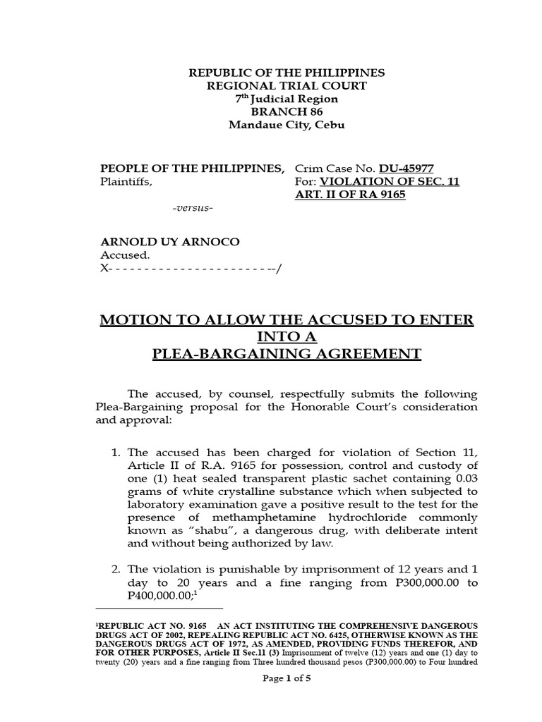 Motion for Plea Bargaining in Drug Case | PDF | Plea | Plea Bargain