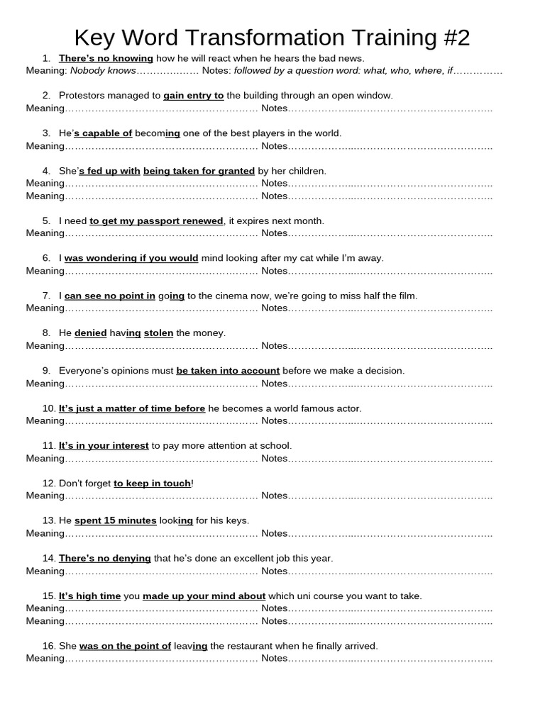 Key Word Transformation Training 2 Handout | PDF | Sports & Recreation ...