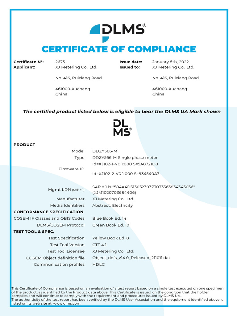 DLMS Compliance Certificate for DDZY566-M | PDF | Computer Standards ...