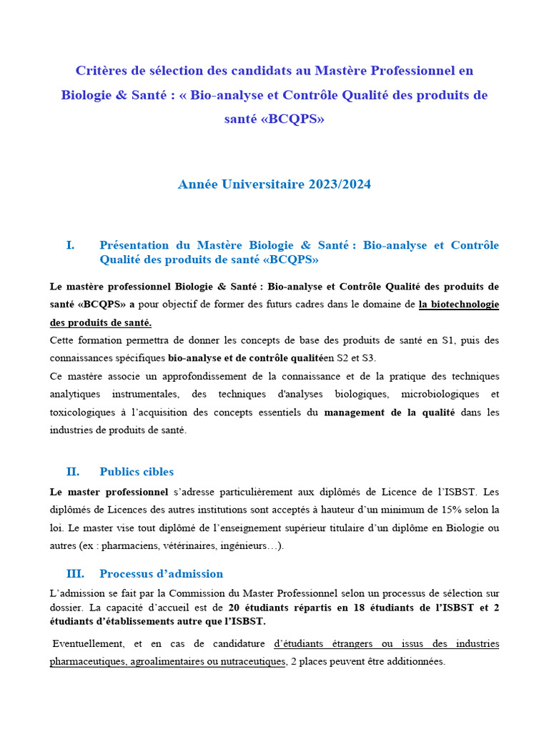 Critères - Master Pro Biologie &santé BCQPS ISBST - 23 - 24 | PDF