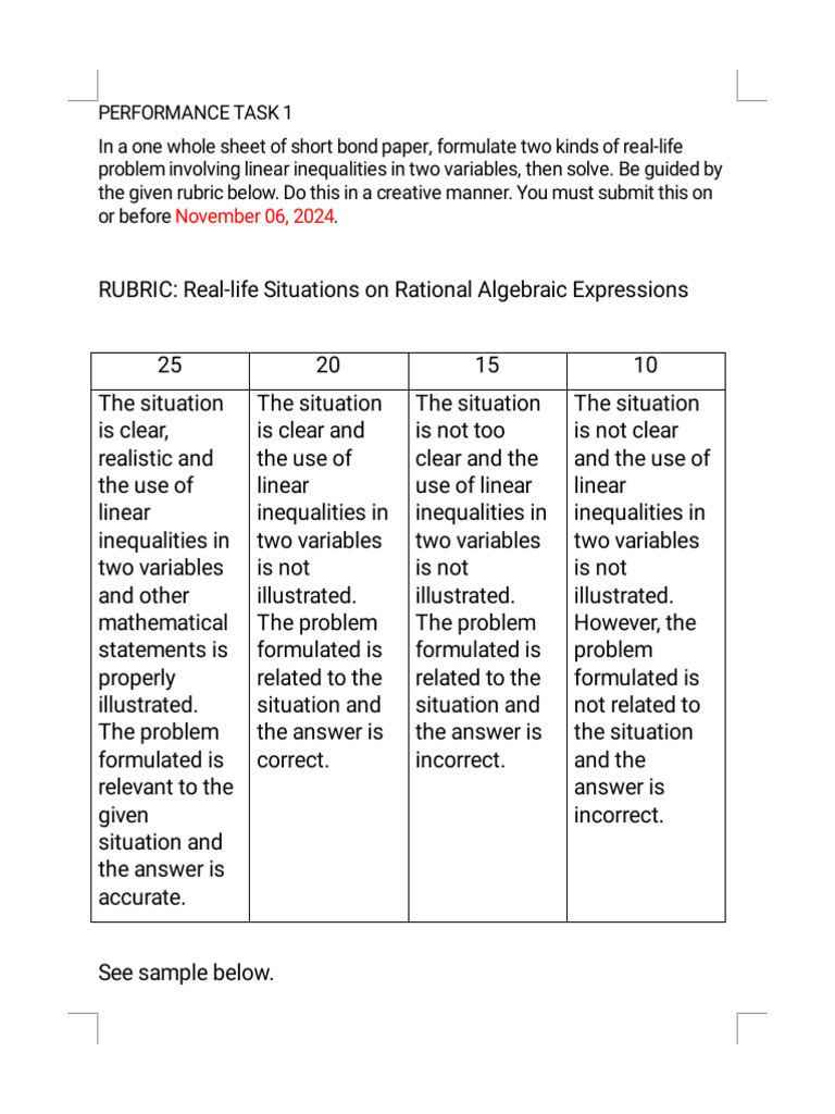 Performance task 1 for grade 8 pdf inequality mathematics numbers