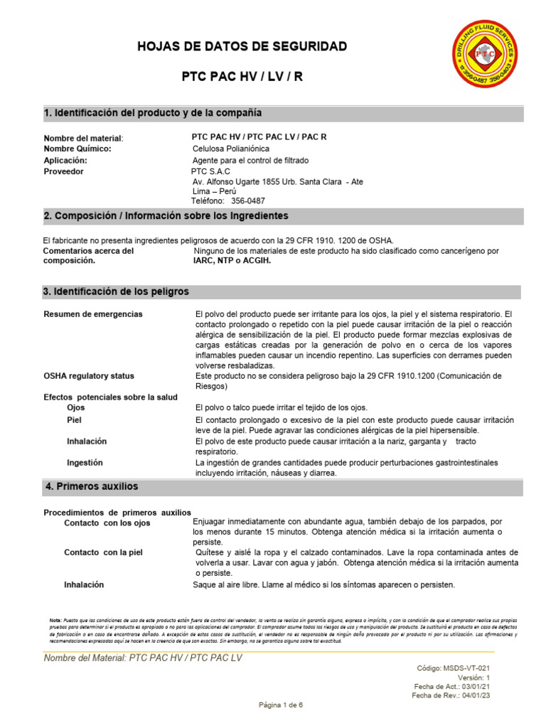 Hojas de Seguridad PTC PAC HV/LV | PDF | Residuos | Agua