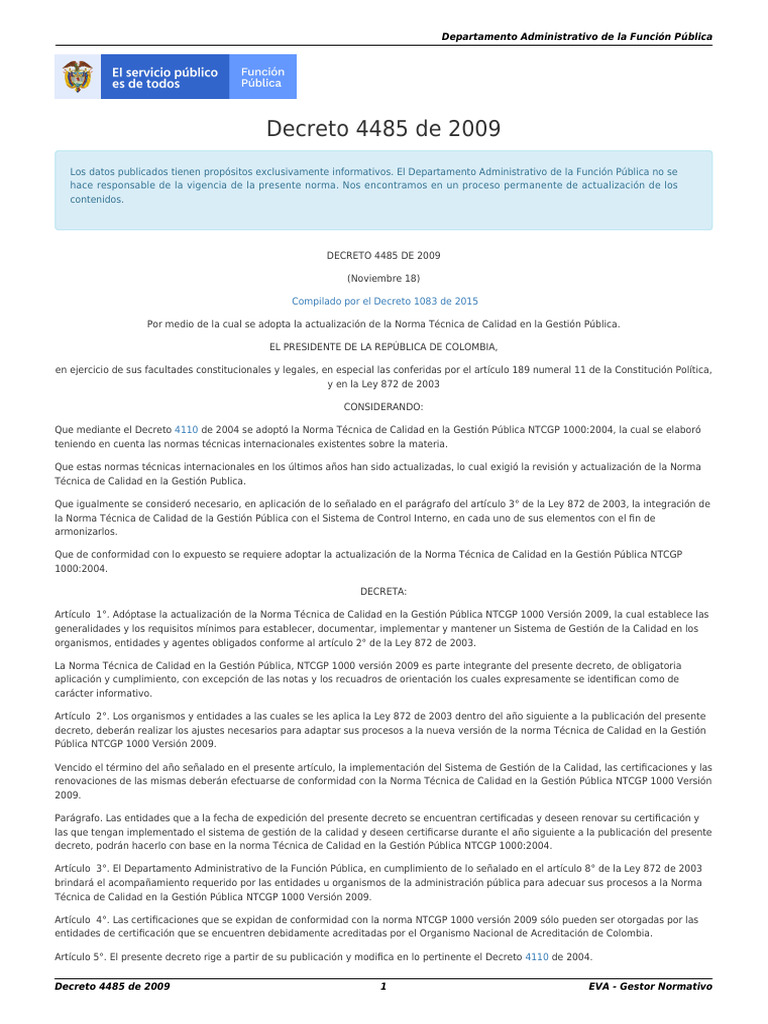 Decreto 4485 de 2009 | PDF | Administración Pública | Gobierno