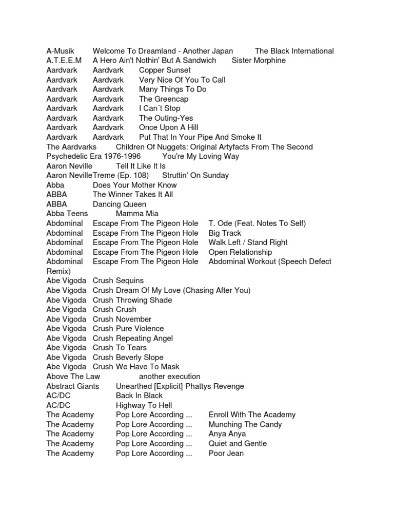 Song Names Pdf
