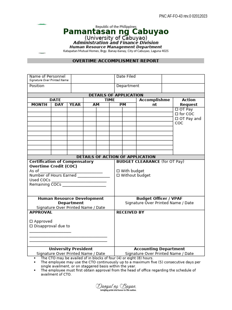 Overtime Accomplishment Report Template | PDF | Overtime | Labor