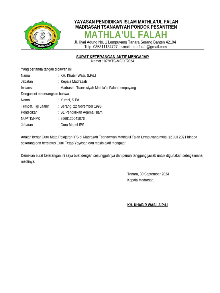 Surat Keterangan Aktif Mengajar Guru IPS | PDF