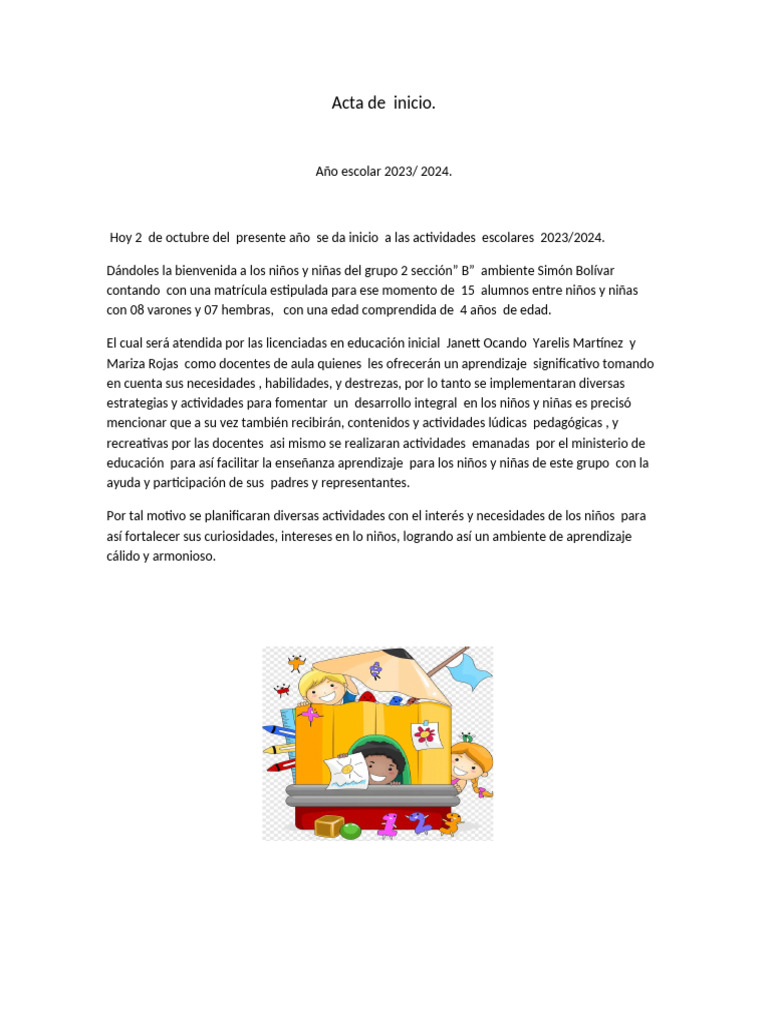 Acta de Inicio Niños 4 Años Simon B | PDF | Ciencias sociales | Salud y ...
